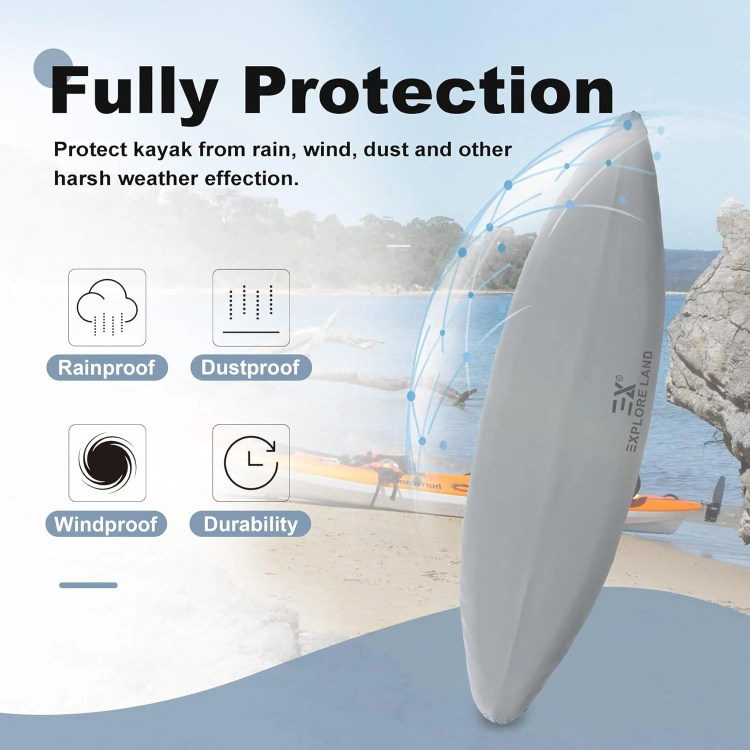 Explore Land Waterproof Kayak Cover - Fade Resistiant 600D Heavy Duty Canoe Dust Storage Cover Suitable for 12.3-13.5ft Kayak, Grey