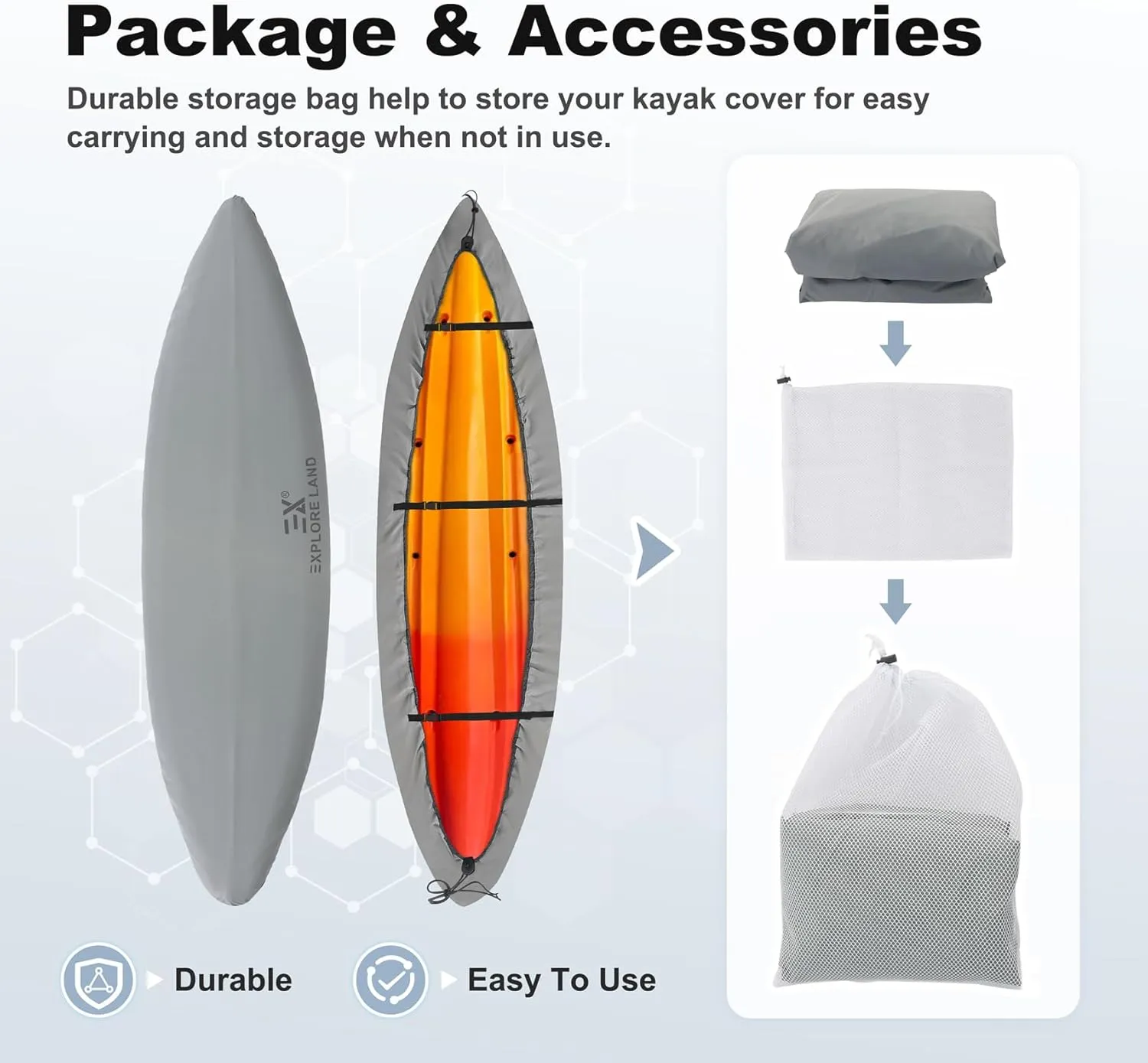 Explore Land Waterproof Kayak Cover - Fade Resistiant 600D Heavy Duty Canoe Dust Storage Cover Suitable for 12.3-13.5ft Kayak, Grey