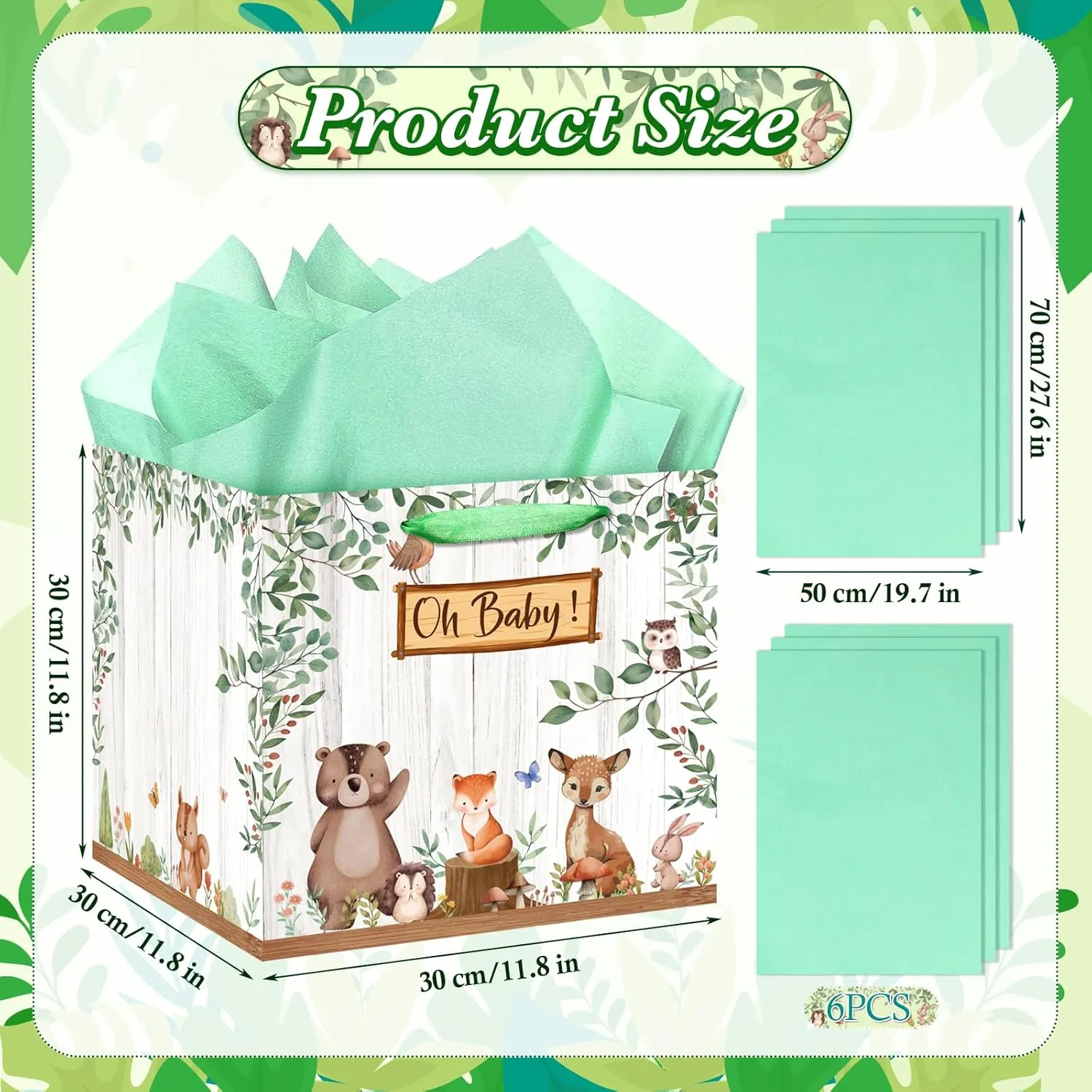 Extra Large Baby Gift Bag, Woodland Animal Square Gift Bag Sage Green Baby Shower Jumbo Gifts Bag with Handles and Tissue Papers Oh Baby Wrapping Paper Bag for New Parents Gender Reveal Party Favors