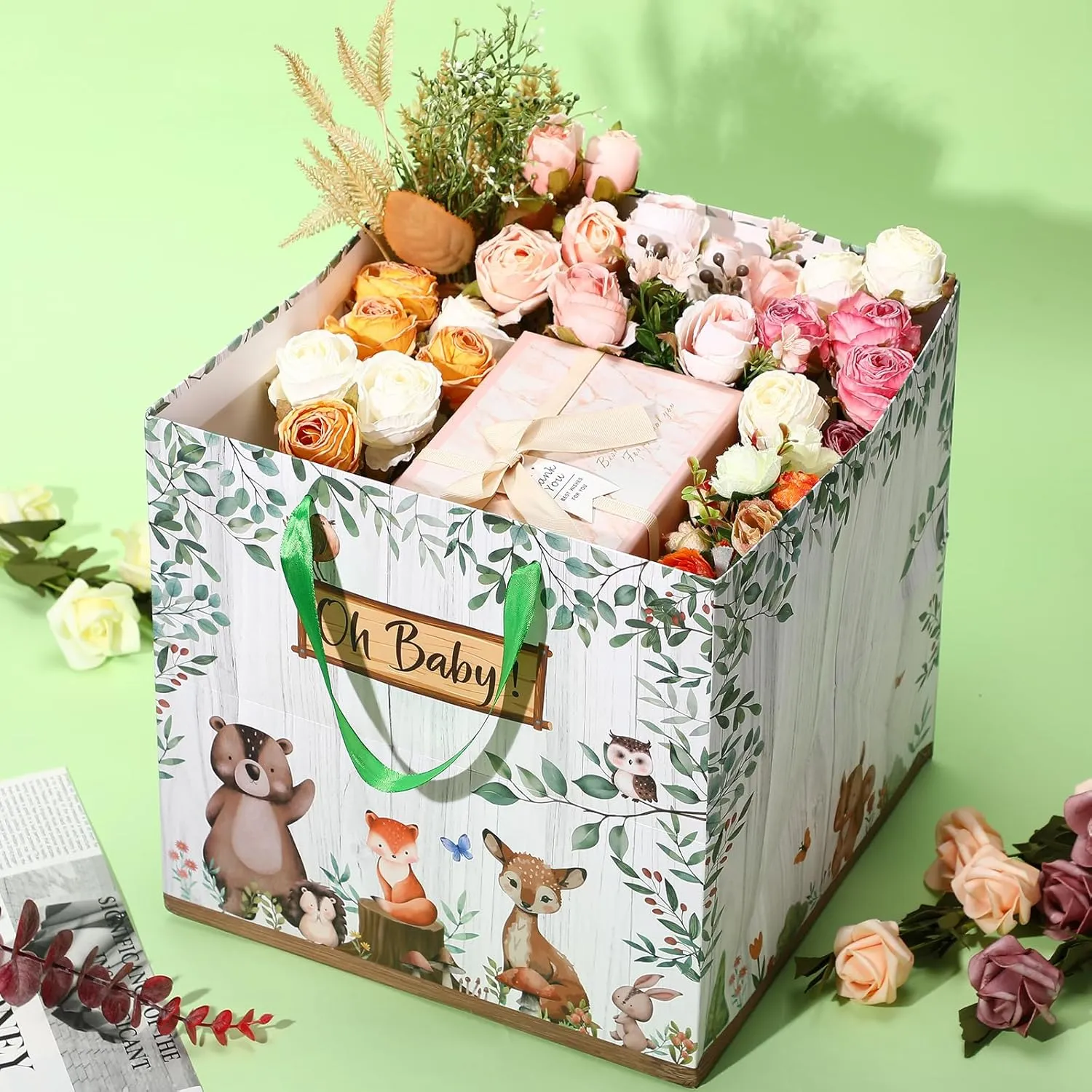 Extra Large Baby Gift Bag, Woodland Animal Square Gift Bag Sage Green Baby Shower Jumbo Gifts Bag with Handles and Tissue Papers Oh Baby Wrapping Paper Bag for New Parents Gender Reveal Party Favors