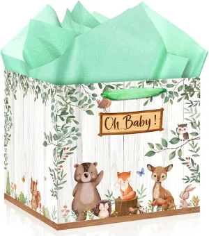 Extra Large Baby Gift Bag, Woodland Animal Square Gift Bag Sage Green Baby Shower Jumbo Gifts Bag with Handles and Tissue Papers Oh Baby Wrapping Paper Bag for New Parents Gender Reveal Party Favors