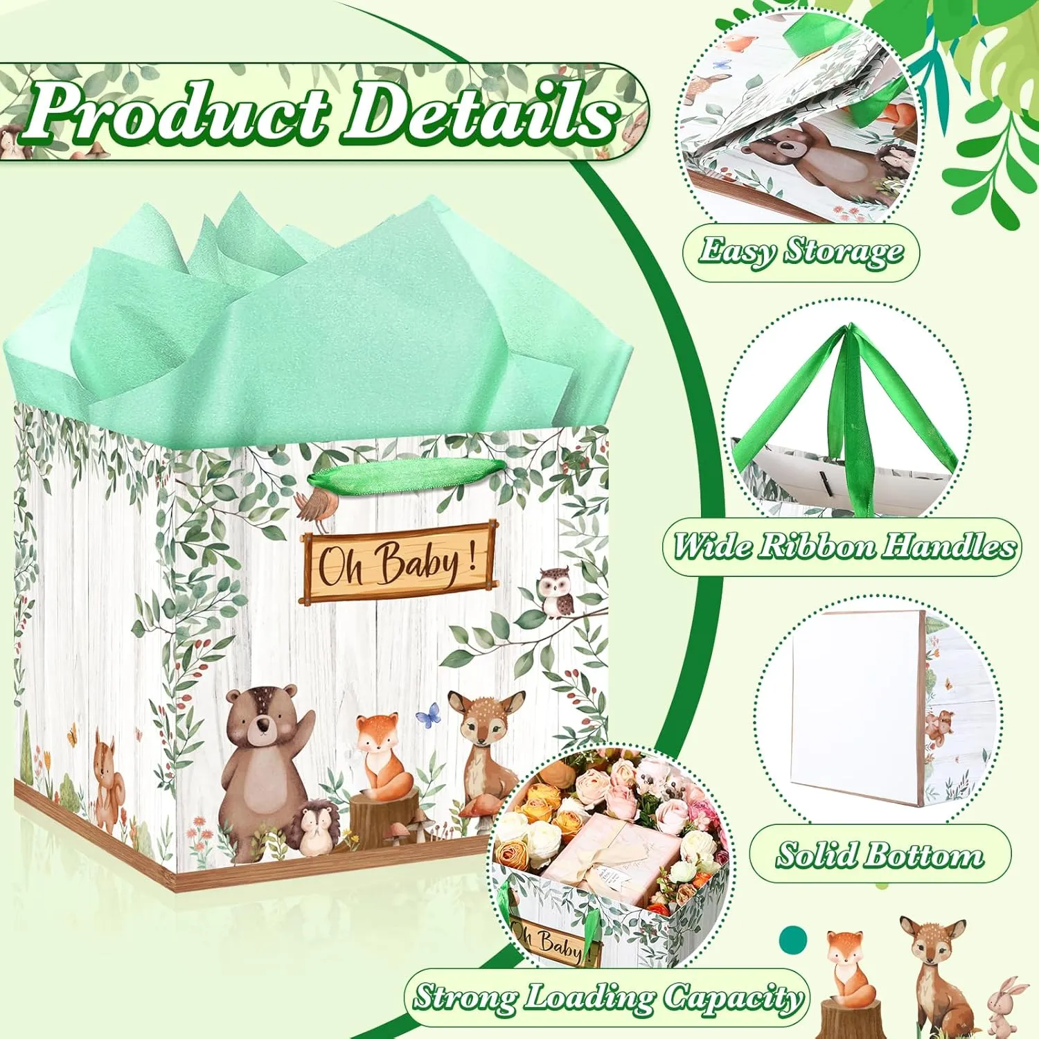 Extra Large Baby Gift Bag, Woodland Animal Square Gift Bag Sage Green Baby Shower Jumbo Gifts Bag with Handles and Tissue Papers Oh Baby Wrapping Paper Bag for New Parents Gender Reveal Party Favors