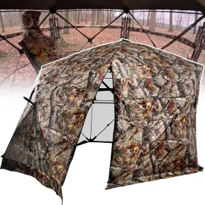 Extra Large Hunting Blind 4 Person with Portable Hunting Chair, 288/360 Degree See Through Pop up Ground Blinds for Deer Turkey Duck Hunting, Bow Hunting Adjust Windows with Silent Zipper