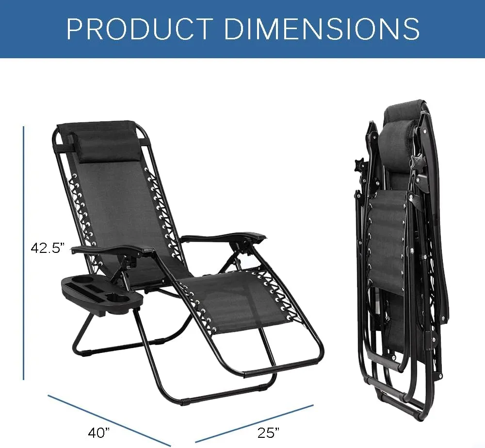 EZONE 1 Chair Zero Gravity Lounge Chairs Outdoor Adjustable Reclining Patio Chair Steel Mesh Folding Recliner for Pool Beach Camping Lounge Chair with Pillows and Cup Tray (1, Navy Blue)