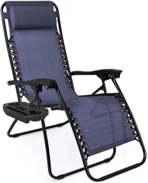 EZONE 1 Chair Zero Gravity Lounge Chairs Outdoor Adjustable Reclining Patio Chair Steel Mesh Folding Recliner for Pool Beach Camping Lounge Chair with Pillows and Cup Tray (1, Navy Blue)