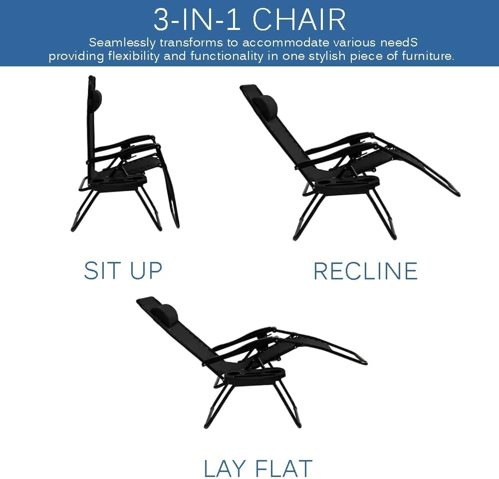 EZONE 1 Chair Zero Gravity Lounge Chairs Outdoor Adjustable Reclining Patio Chair Steel Mesh Folding Recliner for Pool Beach Camping Lounge Chair with Pillows and Cup Tray (1, Navy Blue)