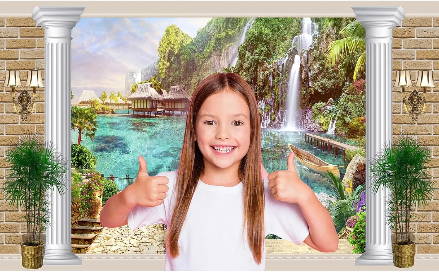 Fantasy Fairyland Mountain Lake Backdrop Waterfall Swans Fish Flowers Dreamy Natural Landscape Photography Background Brick Wall White Column Home Window Style Decor Backdrop Banner 7x5ft