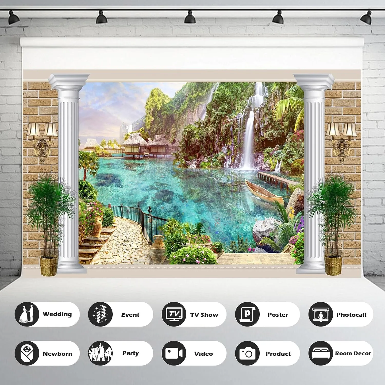 Fantasy Fairyland Mountain Lake Backdrop Waterfall Swans Fish Flowers Dreamy Natural Landscape Photography Background Brick Wall White Column Home Window Style Decor Backdrop Banner 7x5ft