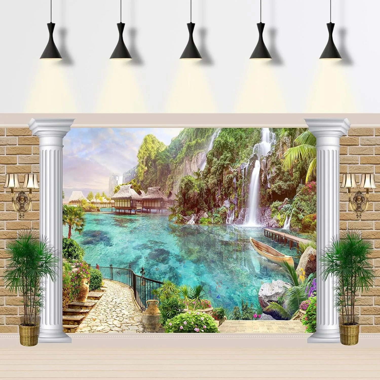 Fantasy Fairyland Mountain Lake Backdrop Waterfall Swans Fish Flowers Dreamy Natural Landscape Photography Background Brick Wall White Column Home Window Style Decor Backdrop Banner 7x5ft