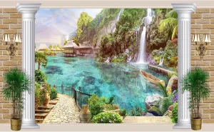 Fantasy Fairyland Mountain Lake Backdrop Waterfall Swans Fish Flowers Dreamy Natural Landscape Photography Background Brick Wall White Column Home Window Style Decor Backdrop Banner 7x5ft