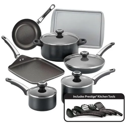 FARBERWARE HIGH PERFORMANCE NONSTICK ALUMINUM 17-PIECE COOKWARE SET, BLACK