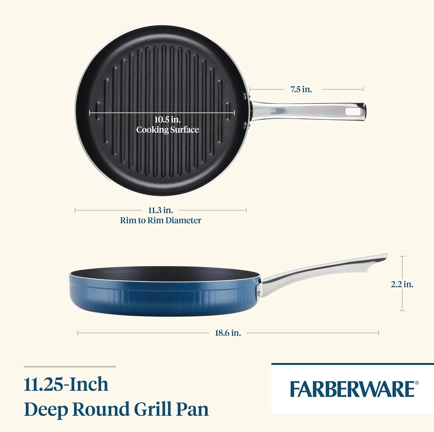 Farberware Style Nonstick Cookware Deep Round Grill Pan/Griddle, Dishwasher Safe, 11.25 Inch - Blue