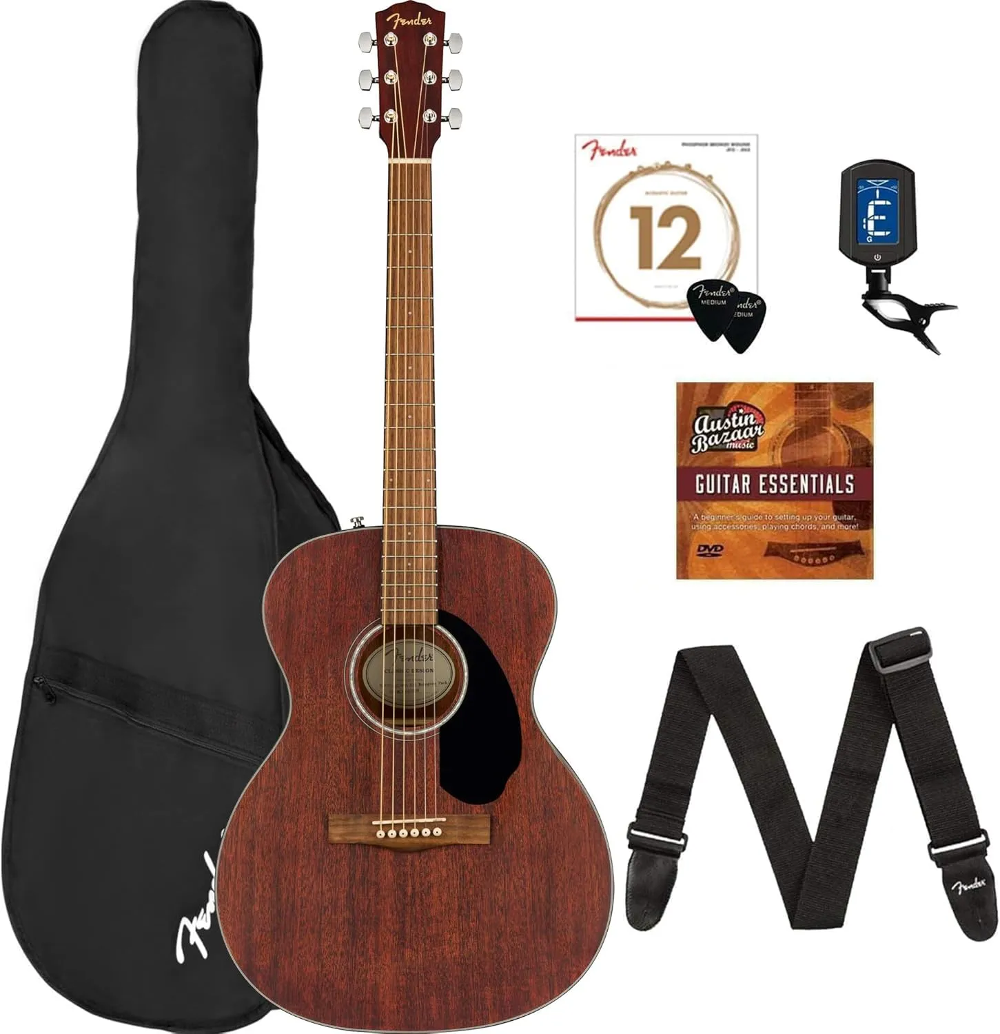 Fender CC-60S Solid Top Concert Size Acoustic Guitar Bundle with Gig Bag, Tuner, Strap, Strings, Picks, Fender Play Online Lessons, and Austin Bazaar Instructional DVD - Mahogany