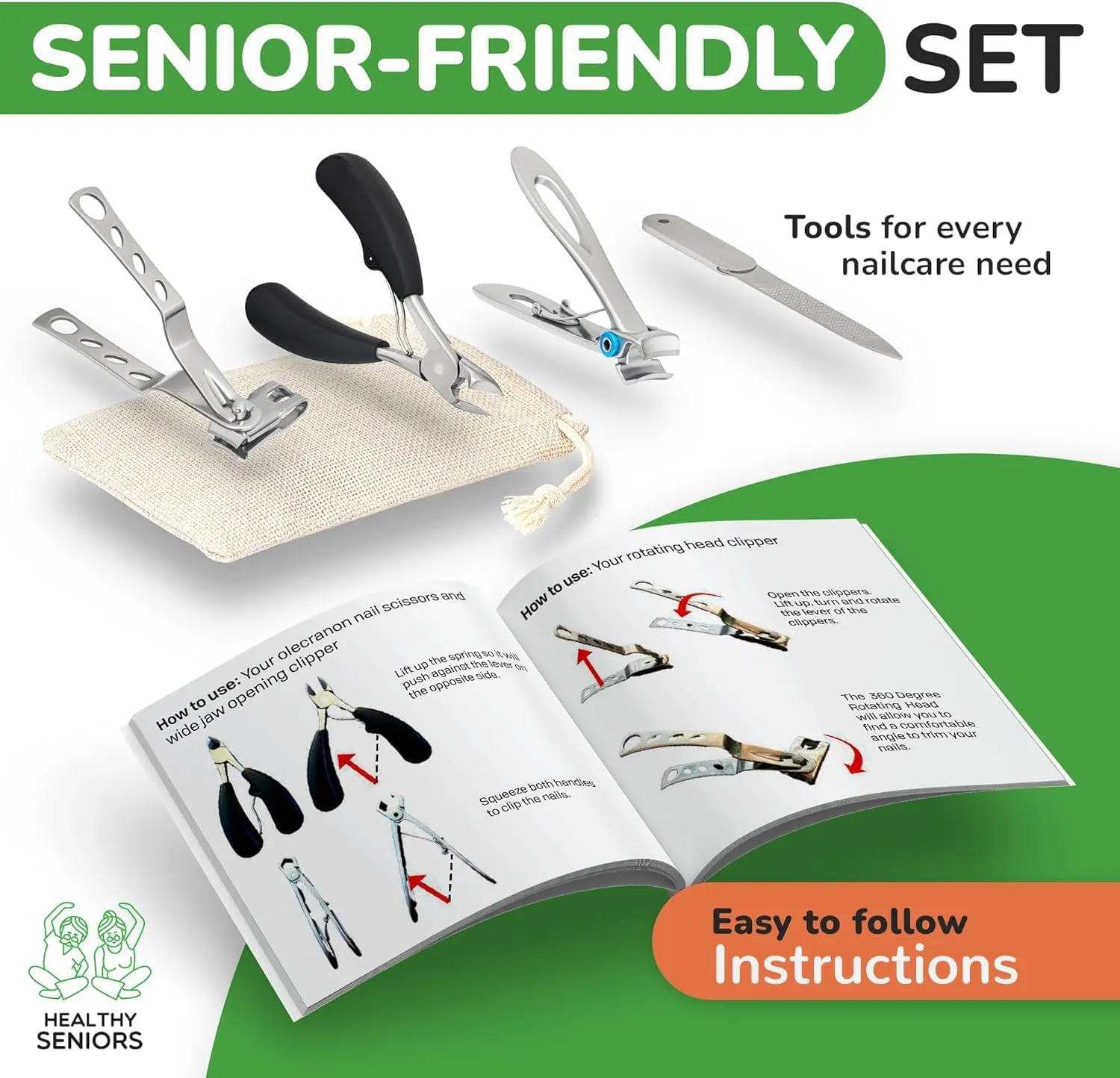 Finger & Toe Nail Clippers for Thick Nails for Seniors - 4-Piece Heavy Duty Toenail Clippers for Seniors - Professional Wide Trimmers for Diabetic People - Complete Kit with Storage Bag