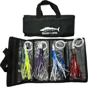 Fishing Lure Set of 4 Trolling Saltwater Skirted Lures: Rigged Lures and Black Bag Included. Catch Any Predatory Pelagic Fish in The Ocean Including Dolphin, Tuna, and Wahoo!