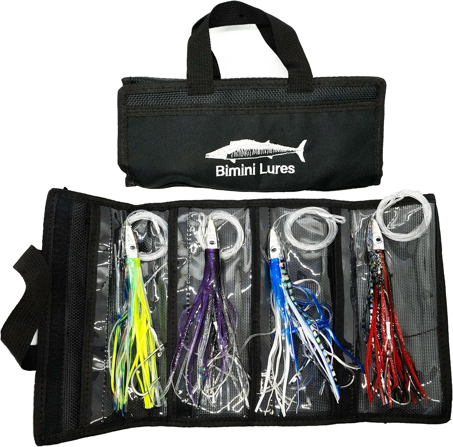 Fishing Lure Set of 4 Trolling Saltwater Skirted Lures: Rigged Lures and Black Bag Included. Catch Any Predatory Pelagic Fish in The Ocean Including Dolphin, Tuna, and Wahoo!