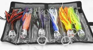 Fishing Lure Set of 6 Trolling Saltwater Skirted Lures: Rigged Lures and Black Bag Included. Catch Any Predatory Pelagic Fish in The Ocean Including Dolphin, Tuna, and Wahoo!