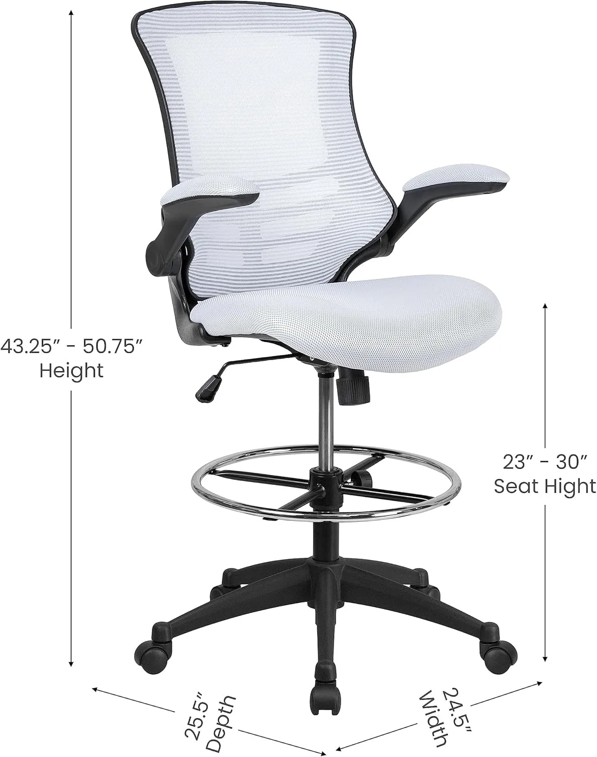 Flash Furniture Kelista Mid-Back White Mesh Ergonomic Drafting Chair | Adjustable Foot Ring, Flip-Up Arms | Comfort and Productivity