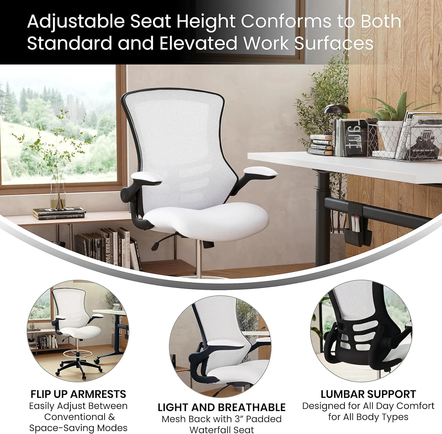 Flash Furniture Kelista Mid-Back White Mesh Ergonomic Drafting Chair | Adjustable Foot Ring, Flip-Up Arms | Comfort and Productivity