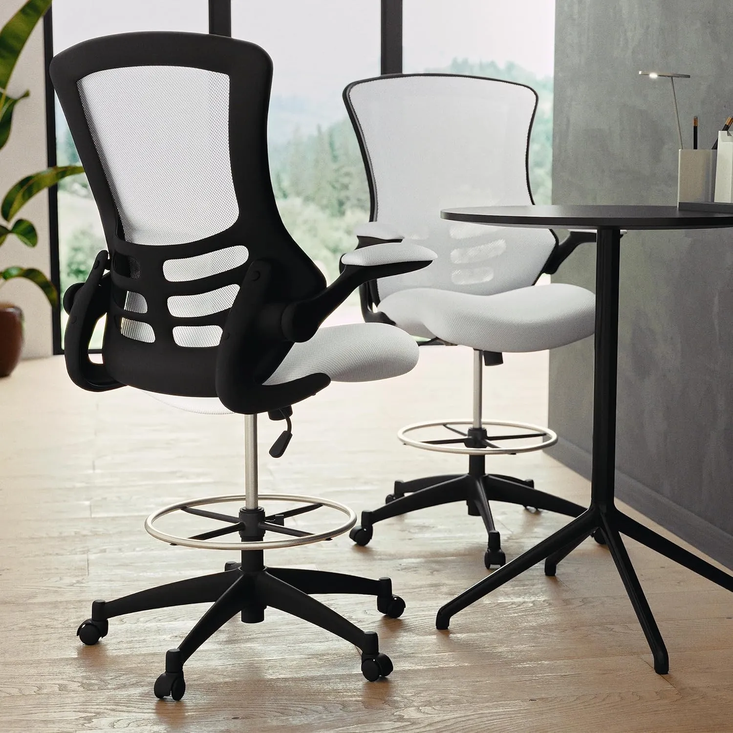 Flash Furniture Kelista Mid-Back White Mesh Ergonomic Drafting Chair | Adjustable Foot Ring, Flip-Up Arms | Comfort and Productivity