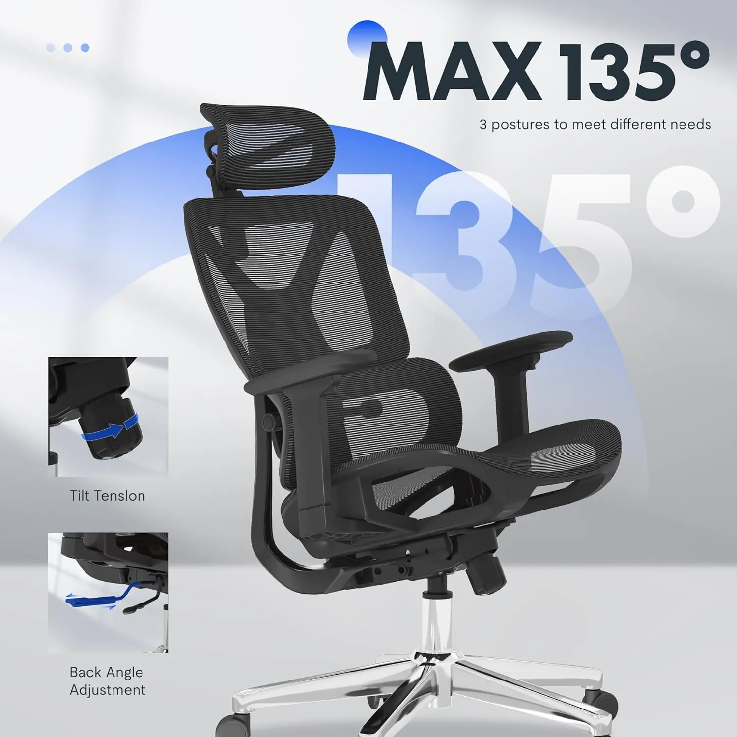 FLEXISPOT ErgoX Premium Ergonomic Office Chair - Adjustable 3D Armrests, Dynamic Lumbar Support, Recline & Tilt Function, Mesh Seat, for Home & Office Use,Black
