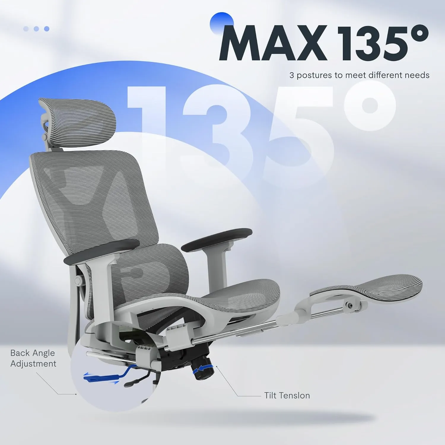 FLEXISPOT Premium Ergonomic Office Chair with Footrest- Adjustable 3D Armrests, Dynamic Lumbar Support, Recline & Tilt Function, Mesh Seat, for Home & Office Use, OC4-SD Light Grey