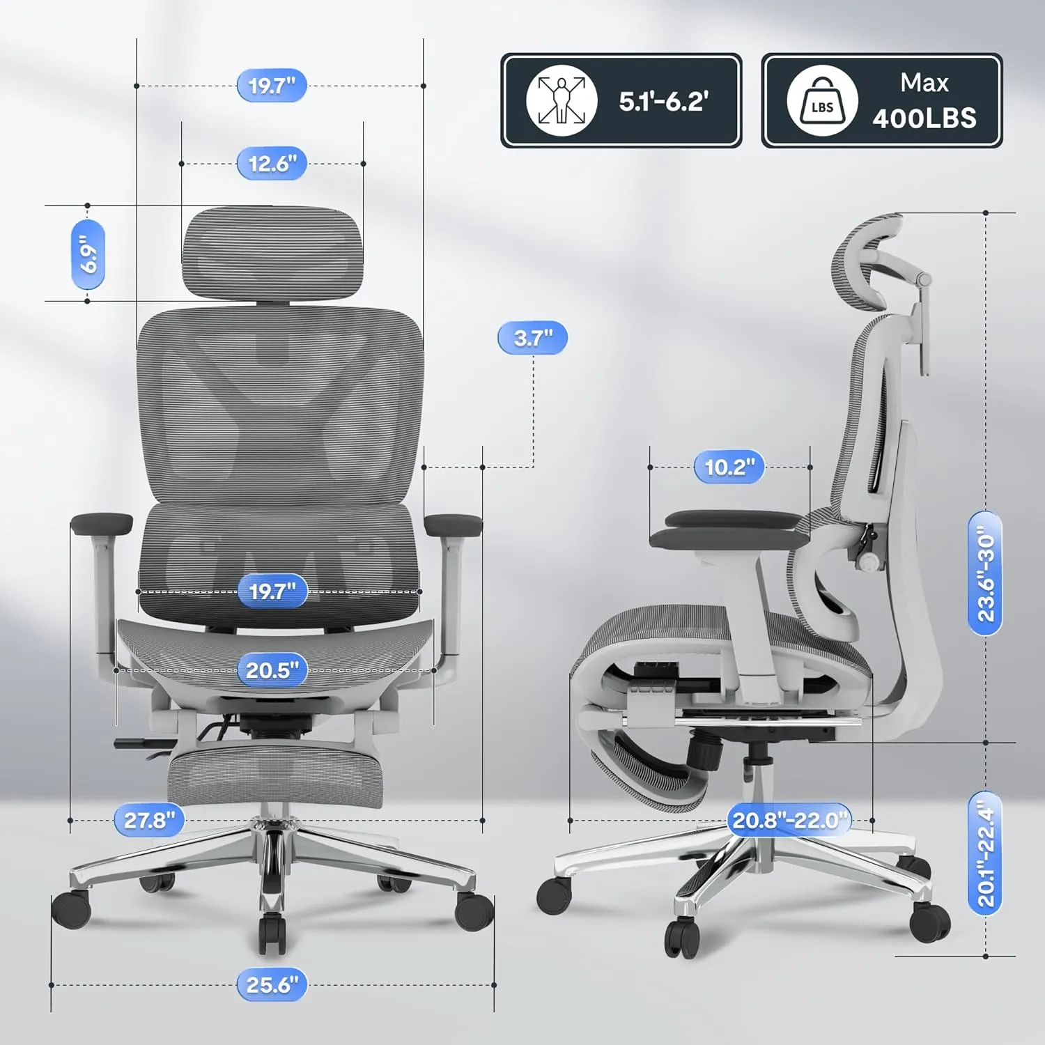 FLEXISPOT Premium Ergonomic Office Chair with Footrest- Adjustable 3D Armrests, Dynamic Lumbar Support, Recline & Tilt Function, Mesh Seat, for Home & Office Use, OC4-SD Light Grey