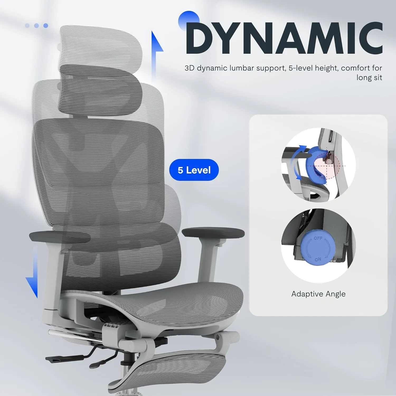 FLEXISPOT Premium Ergonomic Office Chair with Footrest- Adjustable 3D Armrests, Dynamic Lumbar Support, Recline & Tilt Function, Mesh Seat, for Home & Office Use, OC4-SD Light Grey