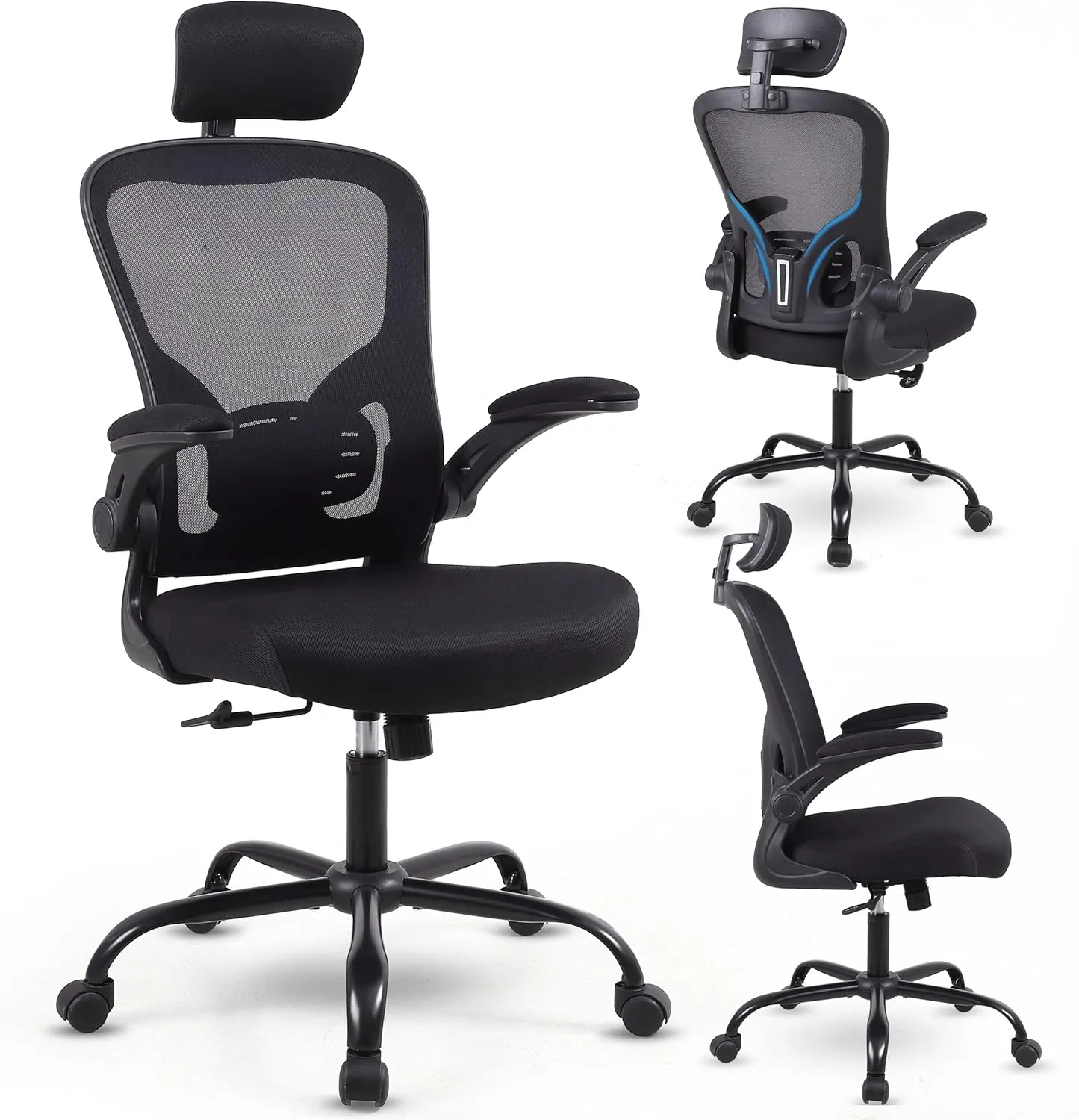 Flysky Ergonomic Office Chair, Mesh Home Office Desk Chair with Flip-up Arms and Lumbar Support, Height Adjustable, Swivel, Black-Headrest