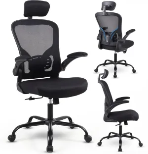 Flysky Ergonomic Office Chair, Mesh Home Office Desk Chair with Flip-up Arms and Lumbar Support, Height Adjustable, Swivel, Black-Headrest