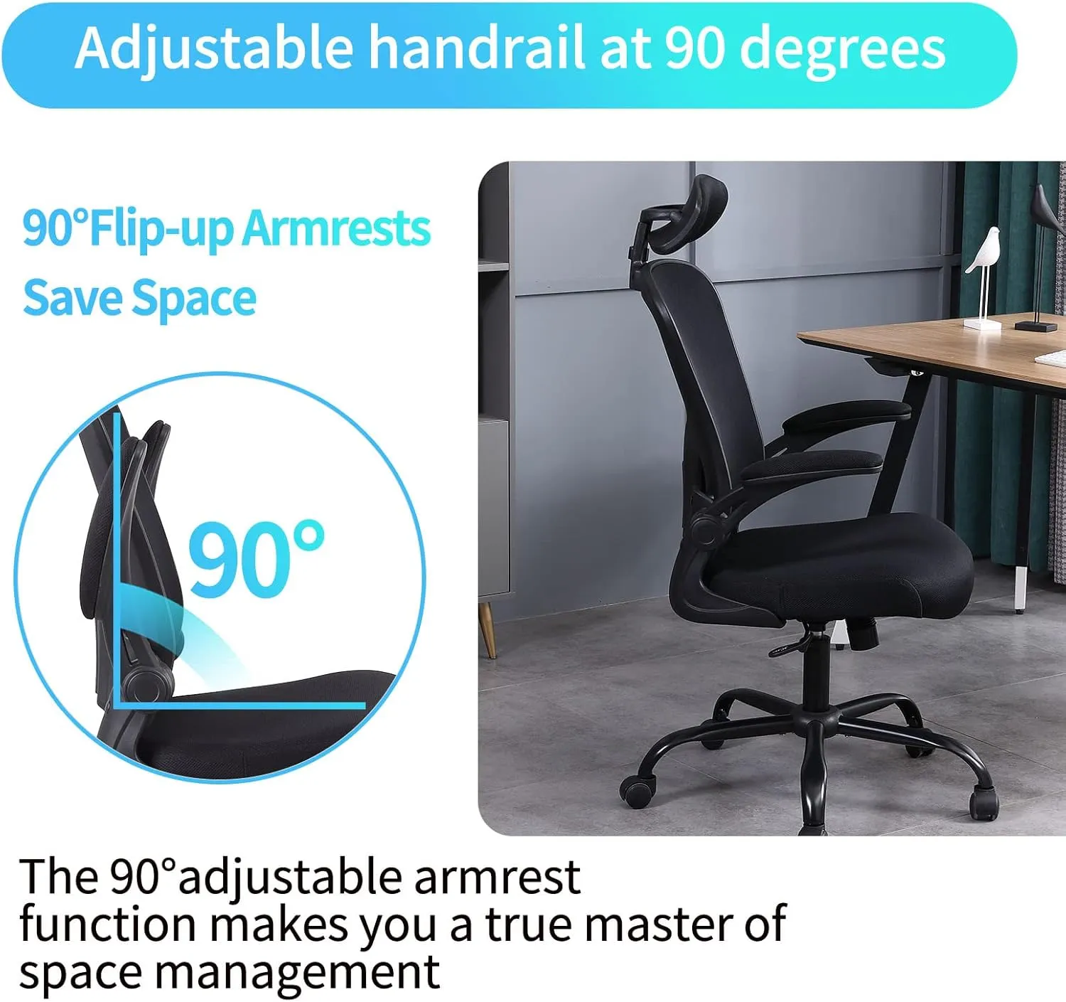 Flysky Ergonomic Office Chair, Mesh Home Office Desk Chair with Flip-up Arms and Lumbar Support, Height Adjustable, Swivel, Black-Headrest