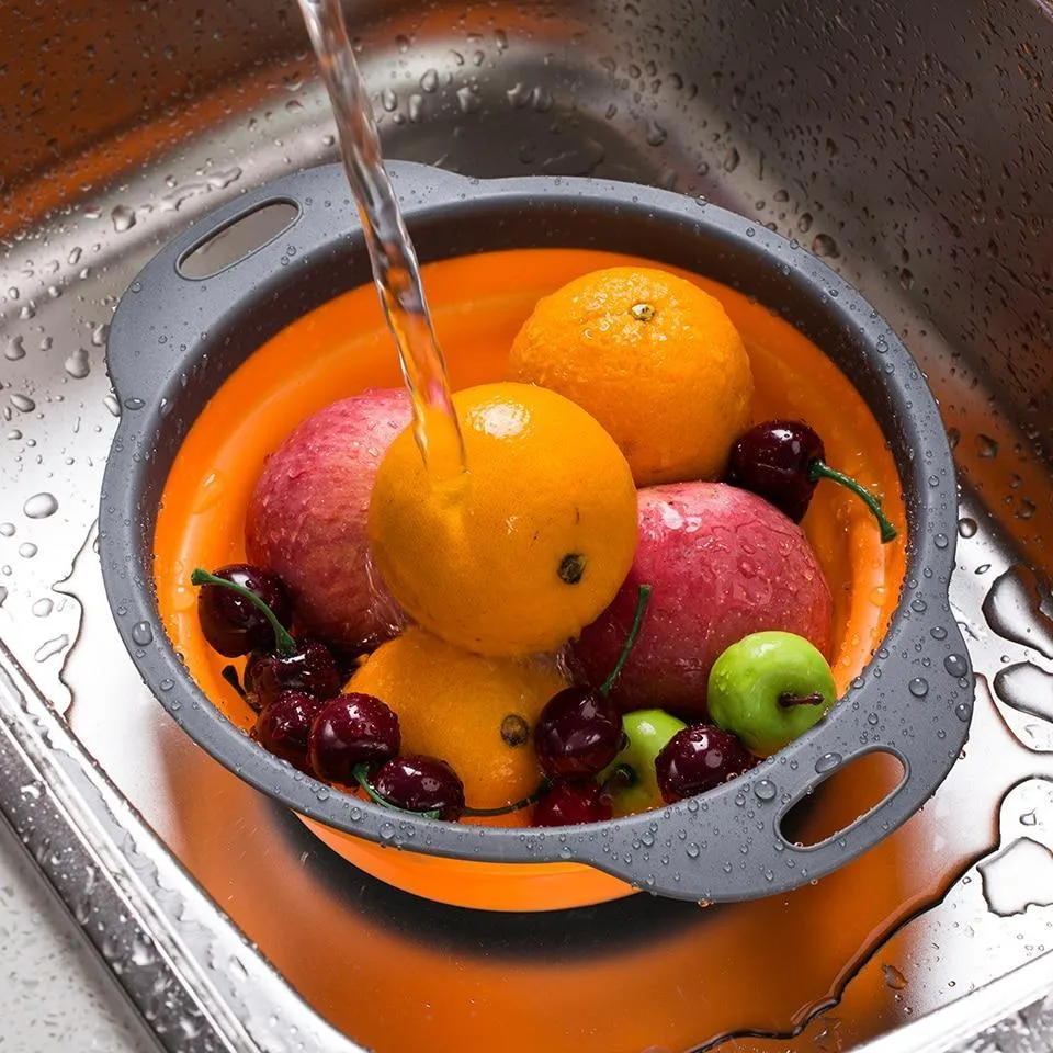 Foldable Silicone Colander Fruit Strainer Vegetable Washing Basket Collapsible Drainer 2pcs/set