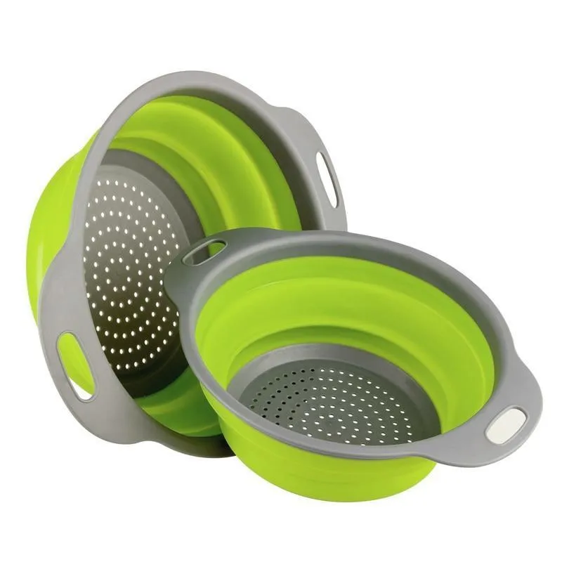 Foldable Silicone Colander Fruit Strainer Vegetable Washing Basket Collapsible Drainer 2pcs/set
