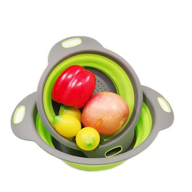 Foldable Silicone Colander Fruit Strainer Vegetable Washing Basket Collapsible Drainer 2pcs/set