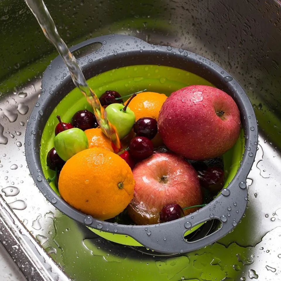 Foldable Silicone Colander Fruit Strainer Vegetable Washing Basket Collapsible Drainer 2pcs/set