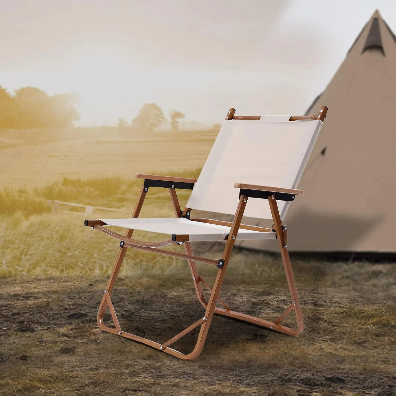Folding Camping Chair,Ultralight Aluminum Outdoor Beach Chair with Solid Wood Armrest,Portable Collapsible Fishing Chair for Outdoor & Indoor Hiking Lawn Picnic (Beige White)