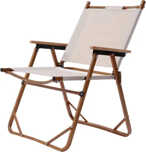 Folding Camping Chair,Ultralight Aluminum Outdoor Beach Chair with Solid Wood Armrest,Portable Collapsible Fishing Chair for Outdoor & Indoor Hiking Lawn Picnic (Beige White)