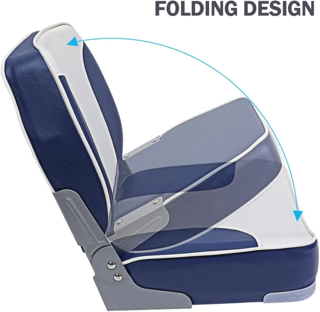 Folding Seat - Fold-Down Boat Captain Chair, Low/High Back, Dark Blue and White (2)