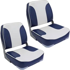 Folding Seat - Fold-Down Boat Captain Chair, Low/High Back, Dark Blue and White (2)