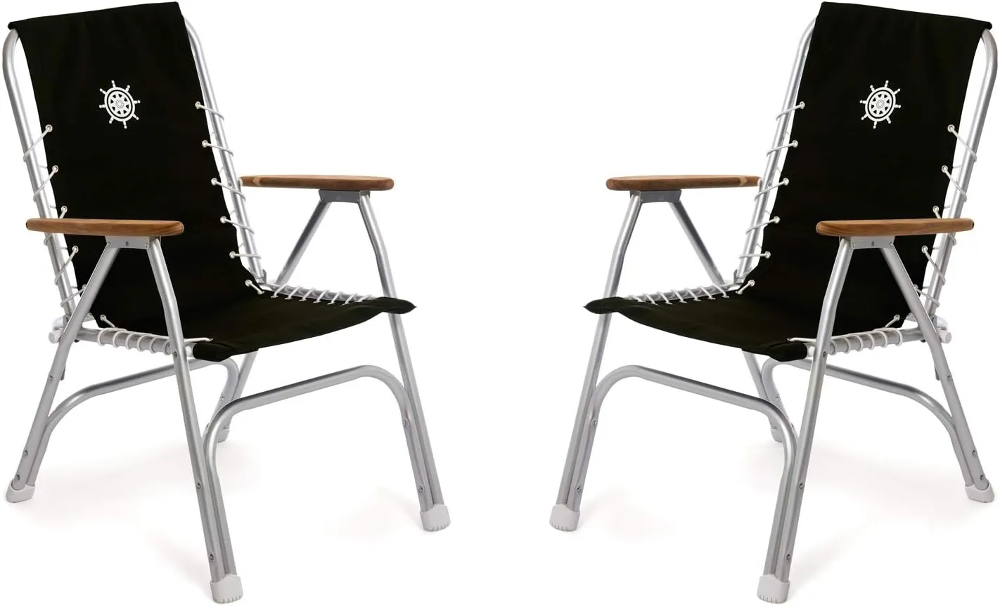 FORMA MARINE Boat Chairs High Back Black Deck Folding Marine Aluminum Teak Furniture Set of 2 M150BL