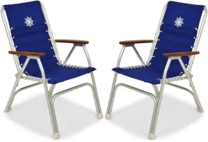 Forma Marine Boat Chairs High Back Blue Deck Folding Marine Aluminum Teak Furniture Set of 2 M150B