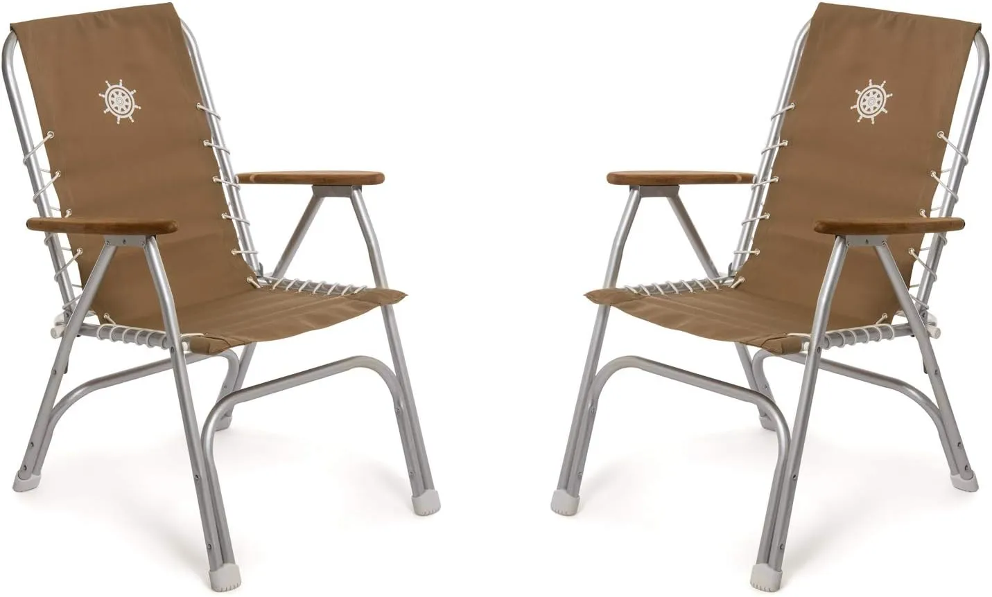 FORMA MARINE Boat Chairs High Back Light Brown Deck Folding Marine Aluminum Teak Furniture Set of 2 M150BR