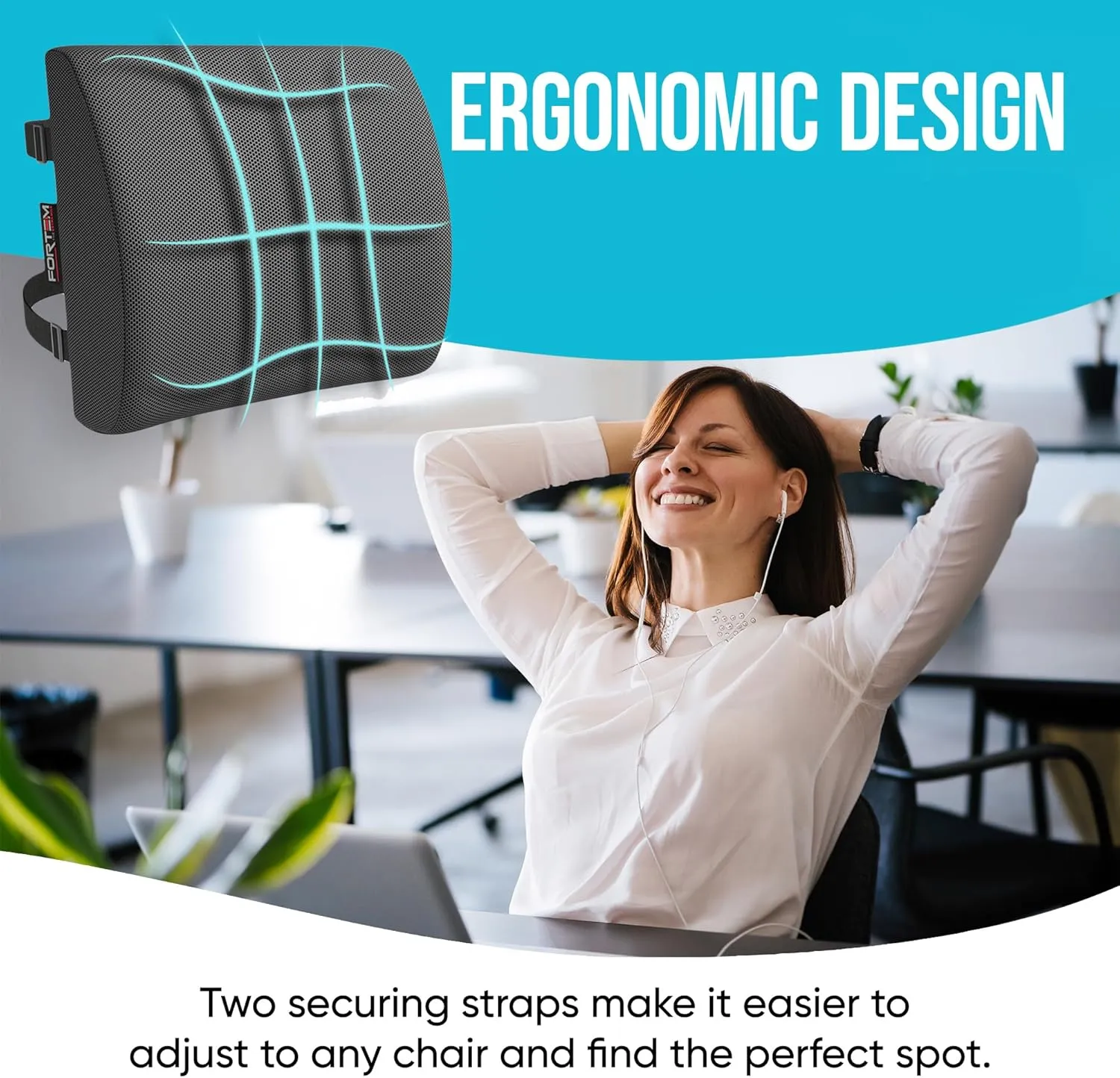FORTEM Lumbar Support Cushion, Back Support for Office Chair and Car Seat, Back Rest for Gaming Chair, Memory Foam Pillow, Desk Chair Cushion, Breathable & Washable Cover, Adjustable Straps