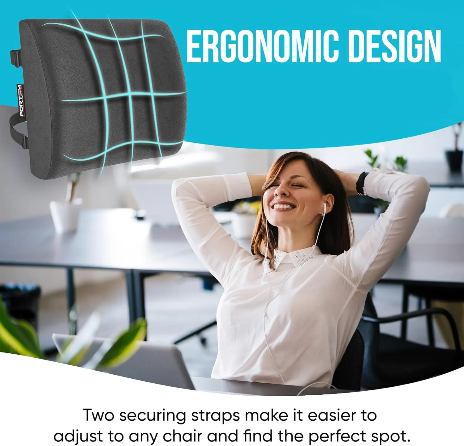 FORTEM Lumbar Support Cushion, Back Support for Office Chair and Car Seat, Back Rest for Gaming Chair, Memory Foam Pillow, Desk Chair Cushion, Breathable & Washable Cover, Adjustable Straps