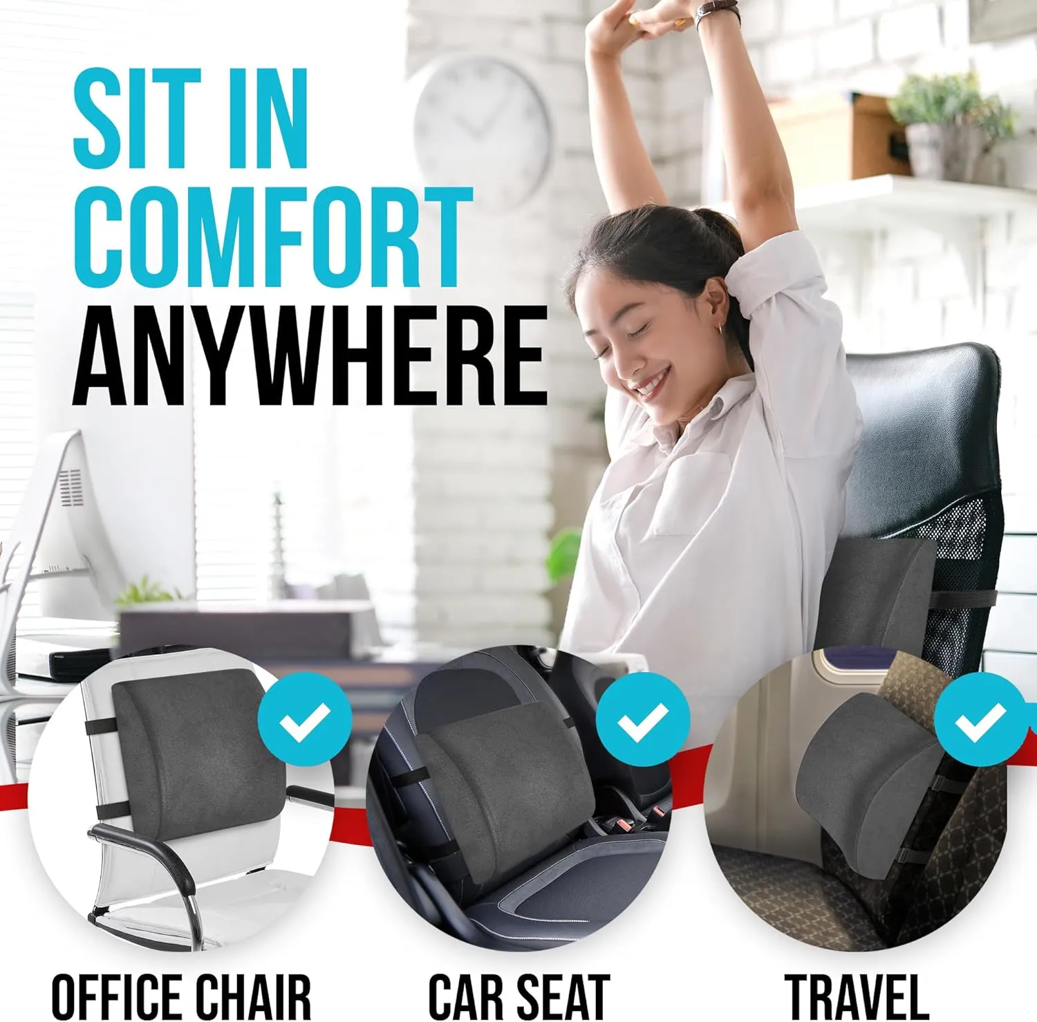 FORTEM Lumbar Support Cushion, Back Support for Office Chair and Car Seat, Back Rest for Gaming Chair, Memory Foam Pillow, Desk Chair Cushion, Breathable & Washable Cover, Adjustable Straps