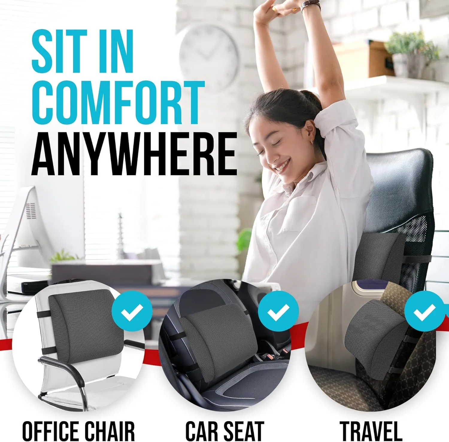 FORTEM Lumbar Support Cushion, Back Support for Office Chair and Car Seat, Back Rest for Gaming Chair, Memory Foam Pillow, Desk Chair Cushion, Breathable & Washable Cover, Adjustable Straps