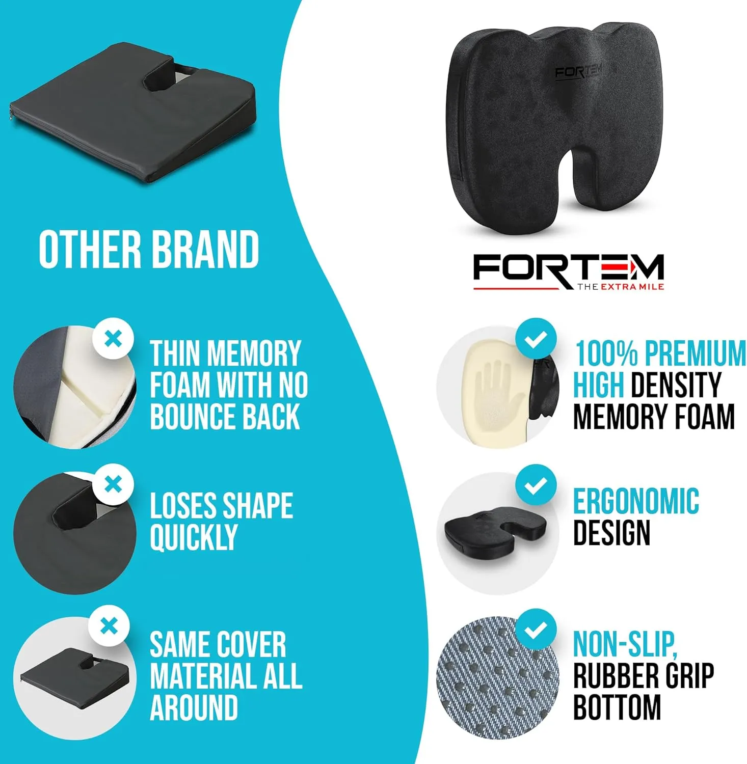 FORTEM Office Chair Cushion, Memory Foam Seat Cushion, Non Slip Sitting Pillow for Gaming, Car Seat, Computer Chair Pad, Sciatica and Tailbone Support, Washable Cover
