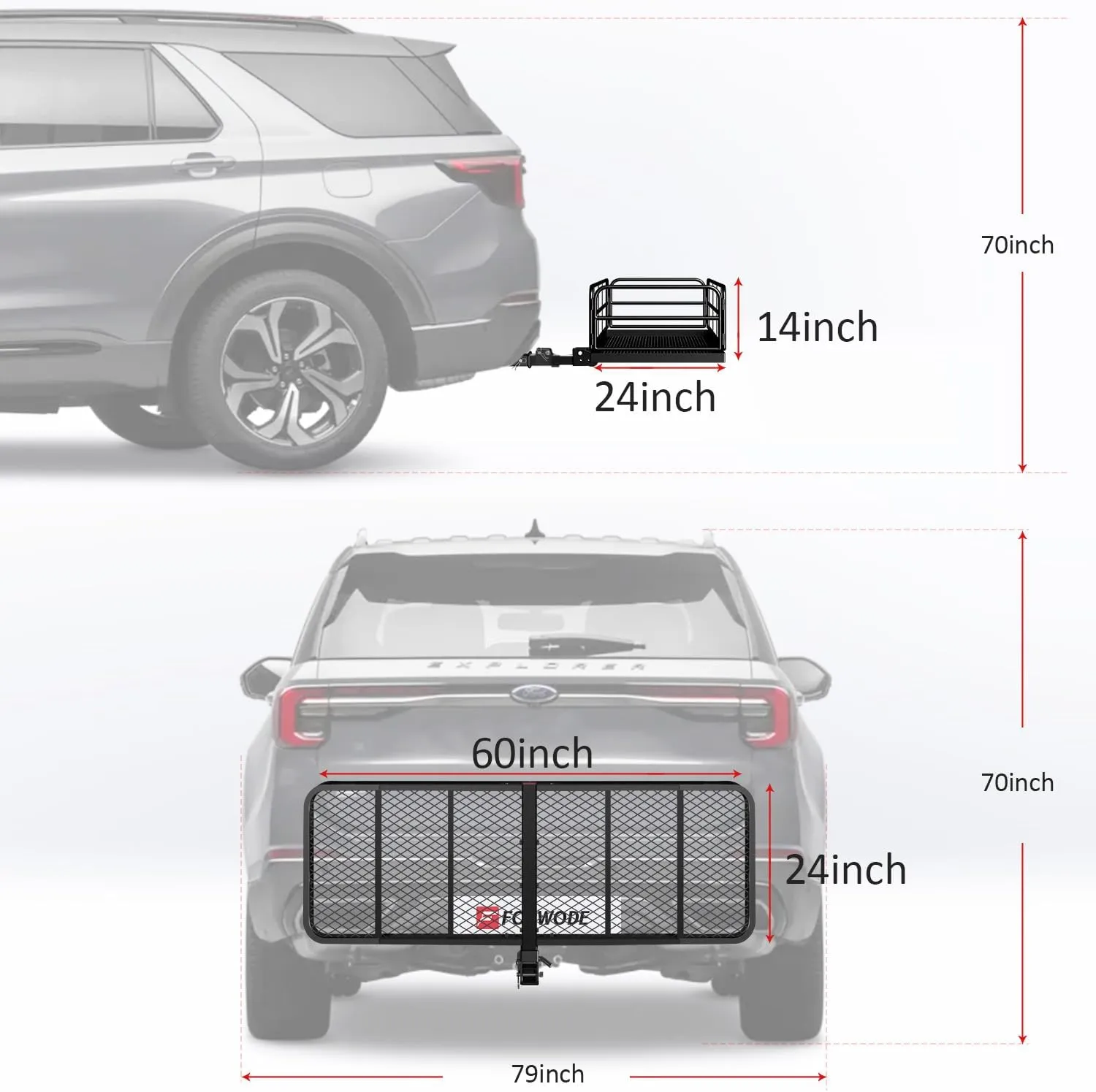 FORWODE 500 Lbs Hitch Cargo Carrier, 60" x 24" x 14" Folding Cargo Rack with High Guardrail, Fits 2" Receiver for Car (C-Cargo Basket with Bag)