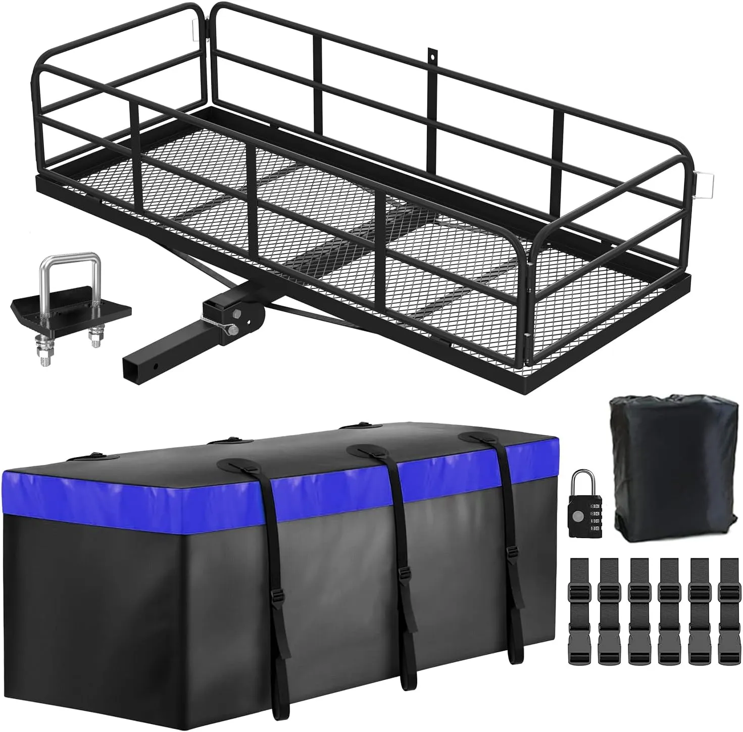 FORWODE 500 Lbs Hitch Cargo Carrier, 60" x 24" x 14" Folding Cargo Rack with High Guardrail, Fits 2" Receiver for Car (C-Cargo Basket with Bag)