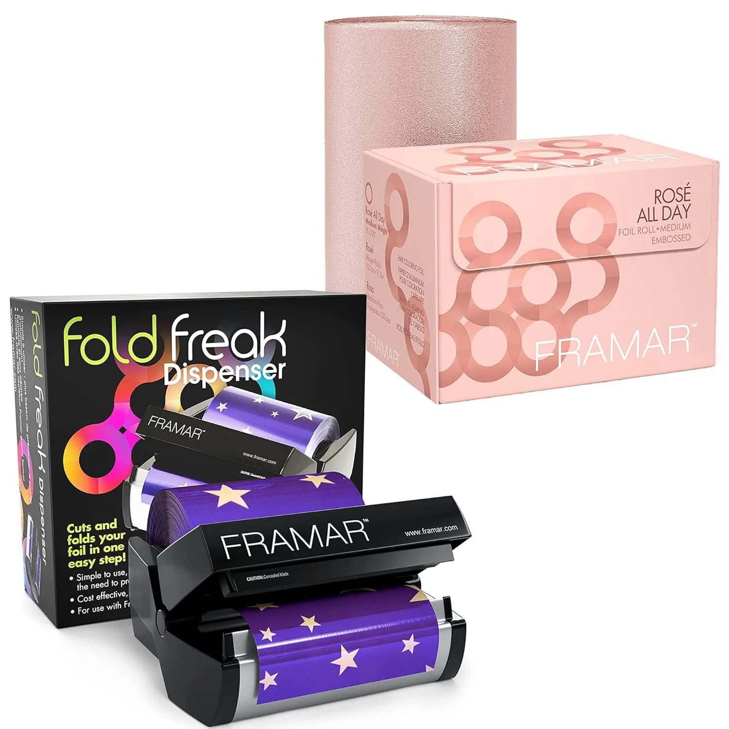 FRAMAR Rosé All Day Embossed Roll Aluminum Foil, Hair Foils For Highlighting - Medium 320 ft   FRAMAR Fold Freak Foil Dispenser for Aluminum Foil, Hair Foils (Cuts and Fold's Hair Foil)